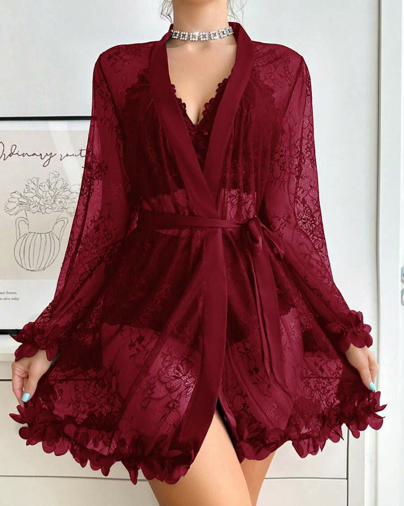 Sexy French-Style Sheer Lace Lingerie Set – Camisole, Shorts & Robe