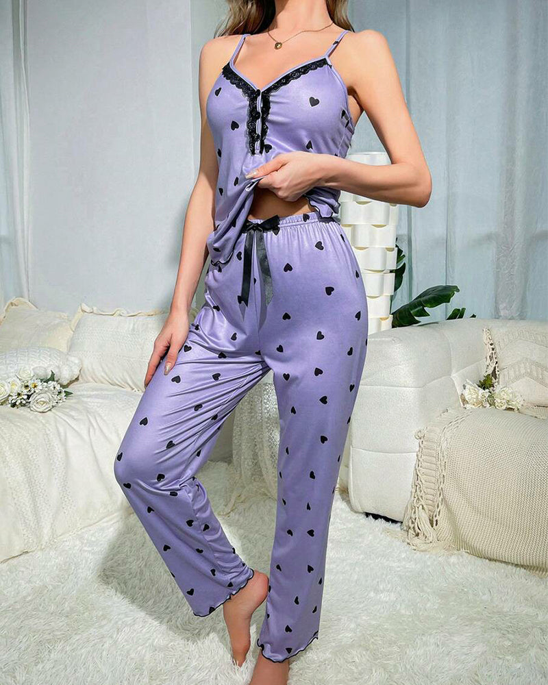 Heart-Print Long Pants Pajama Set – Cozy Loungewear