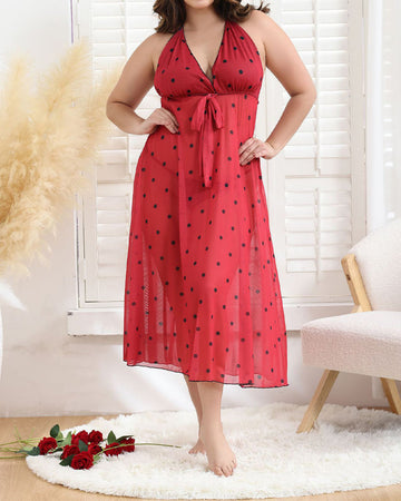 Plus Size Polka Dot Maxi Dress with Bow Tie