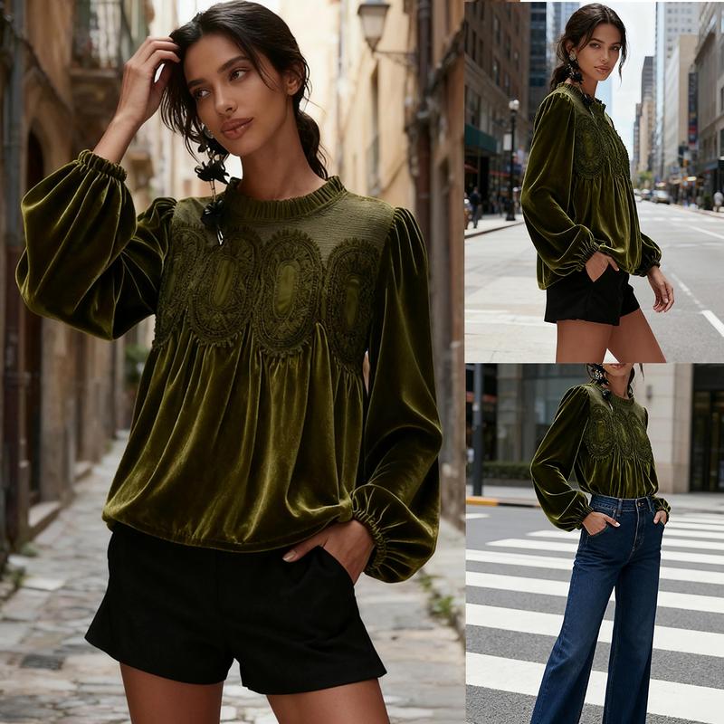 Women's Velvet Trim Lace Blouse – Elegant Flared Long Sleeve Top