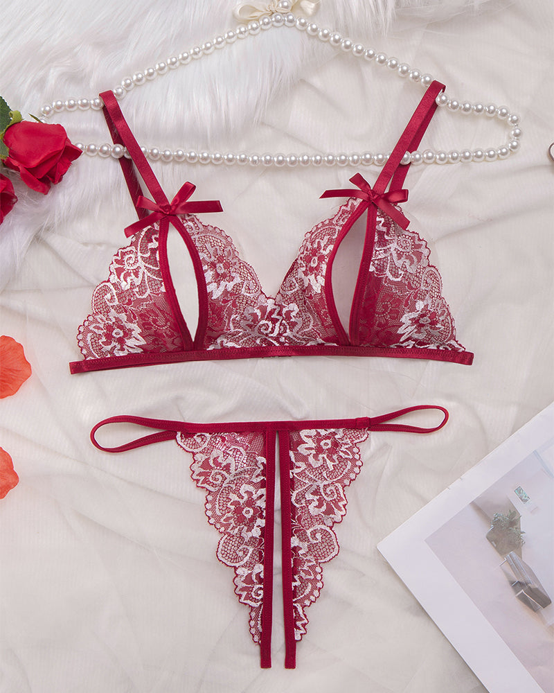 Sexy 2-Piece Lace Lingerie Set – Sheer Floral Design with Bows