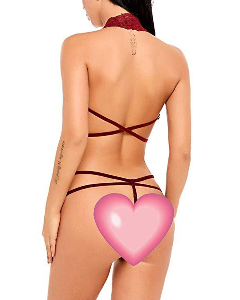 Sexy Lace Deep V Halter One-Piece Bodysuit