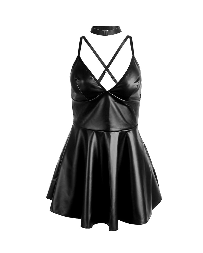 Plus Size PU V-Neck Backless Babydoll Chemise Mini Dress