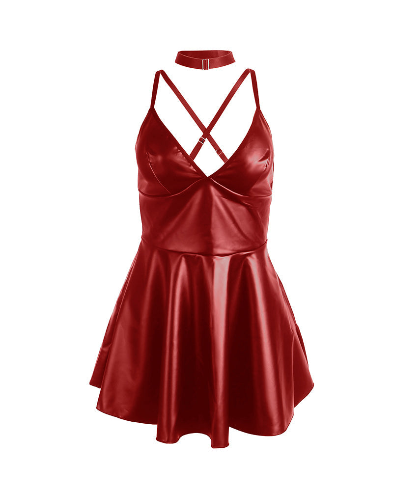 Plus Size PU V-Neck Backless Babydoll Chemise Mini Dress