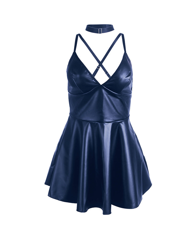 Plus Size PU V-Neck Backless Babydoll Chemise Mini Dress