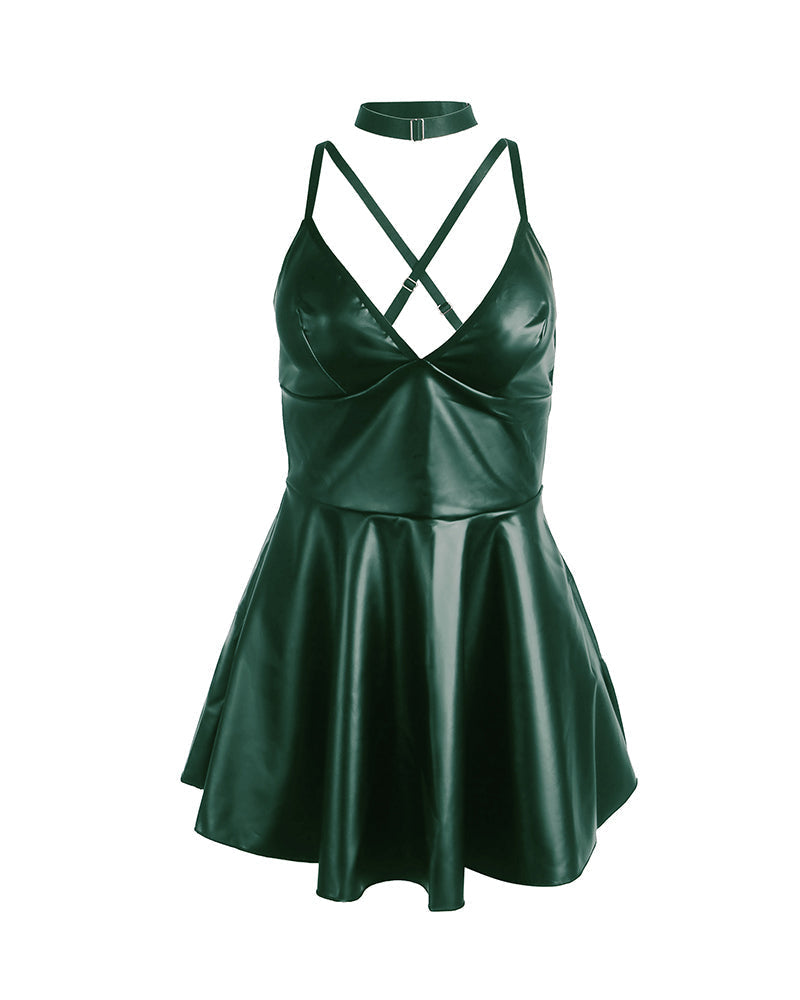 Plus Size PU V-Neck Backless Babydoll Chemise Mini Dress