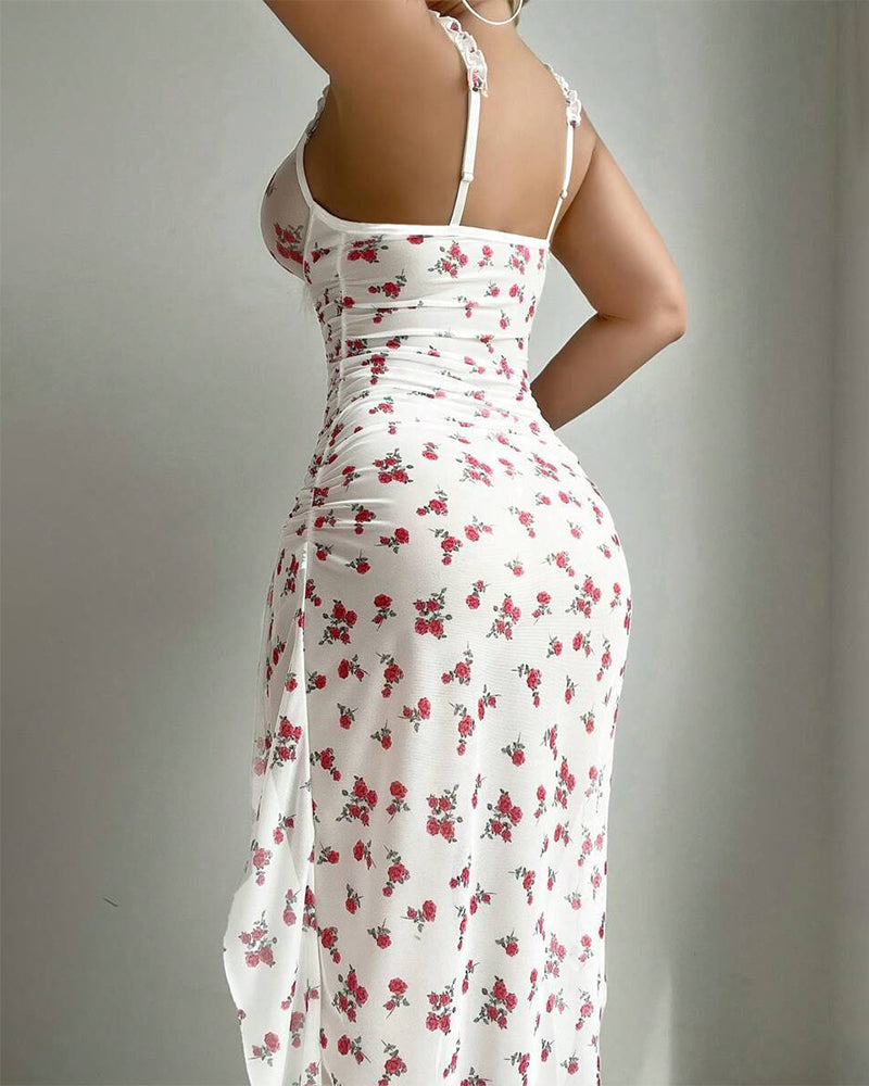Printed Open-Back Nightdress with High Slit & Bust Support