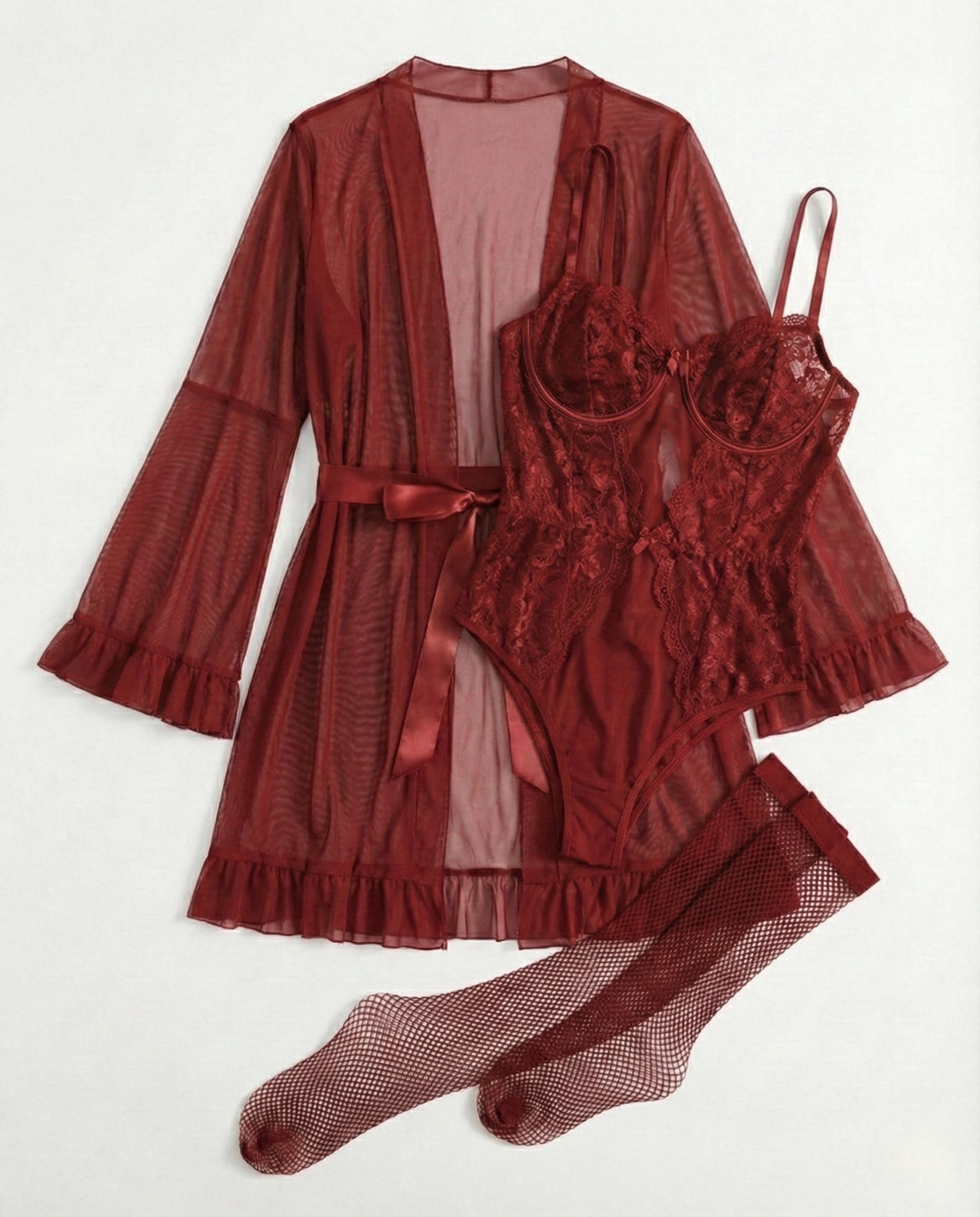 5-Piece Sexy Lingerie Set– Cut-Out Bodysuit + Robe + Belt + 2 Socks