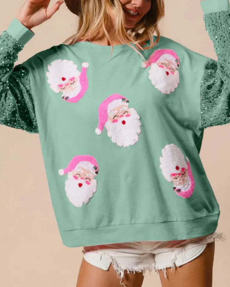 Women's Santa Claus Sequin Sleeve Sweatshirt – Festive Long Sleeve Crew Neck Top