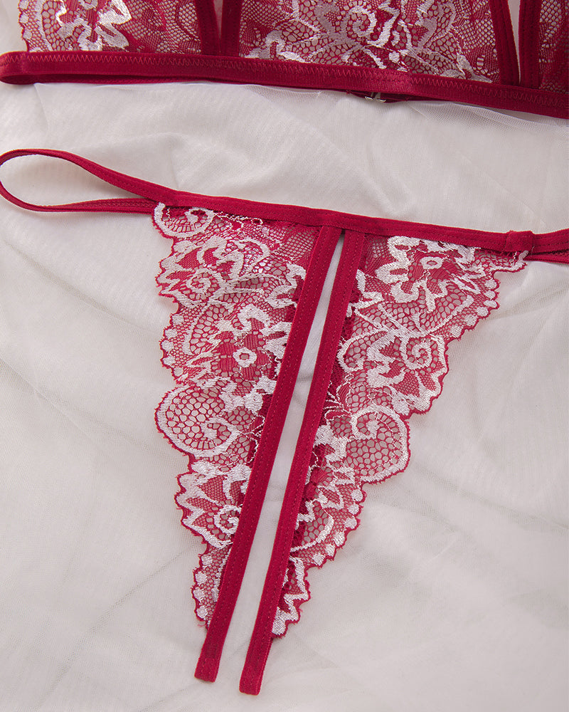 Sexy 2-Piece Lace Lingerie Set – Sheer Floral Design with Bows