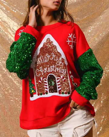Women's Santa Claus Sequin Sleeve Sweatshirt – Festive Long Sleeve Crew Neck Top