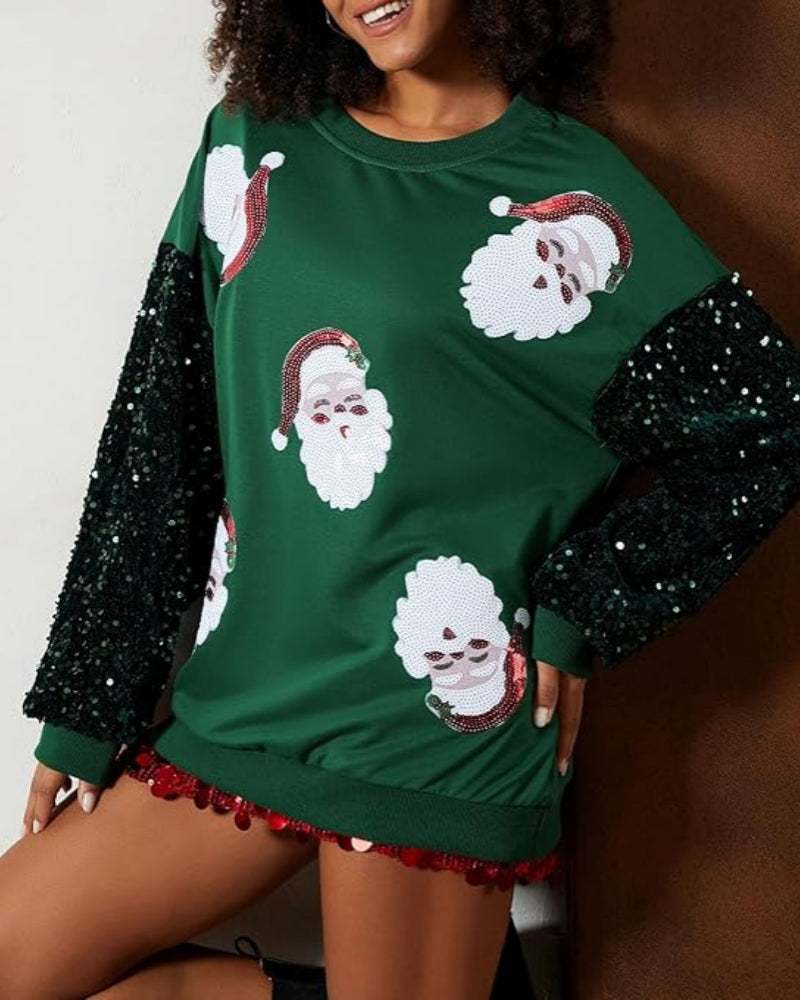 Women's Santa Claus Sequin Sleeve Sweatshirt – Festive Long Sleeve Crew Neck Top