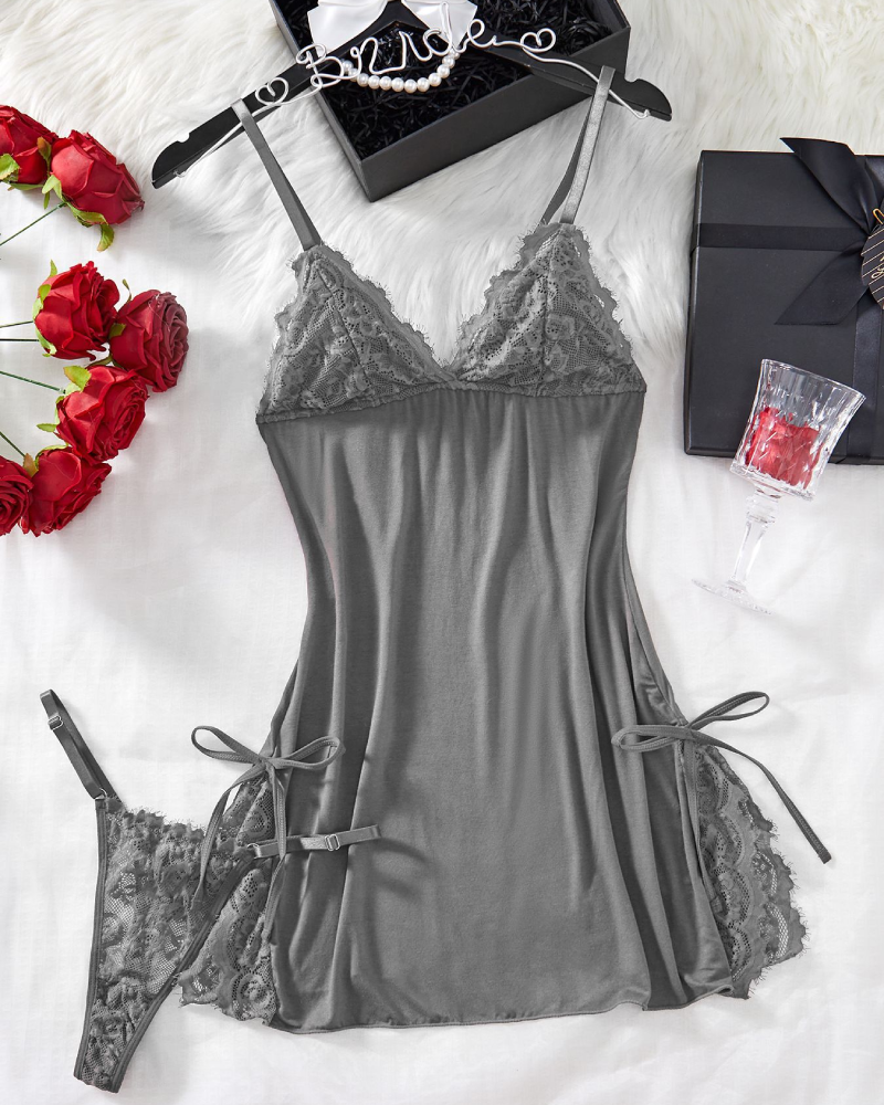 Bow Lace Contrast Cami Nightdress & Thong Set