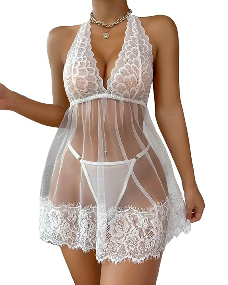Sexy Floral Lace Halter Babydoll with Thong