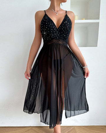 Sexy Shiny Suspender Mesh Nightgown