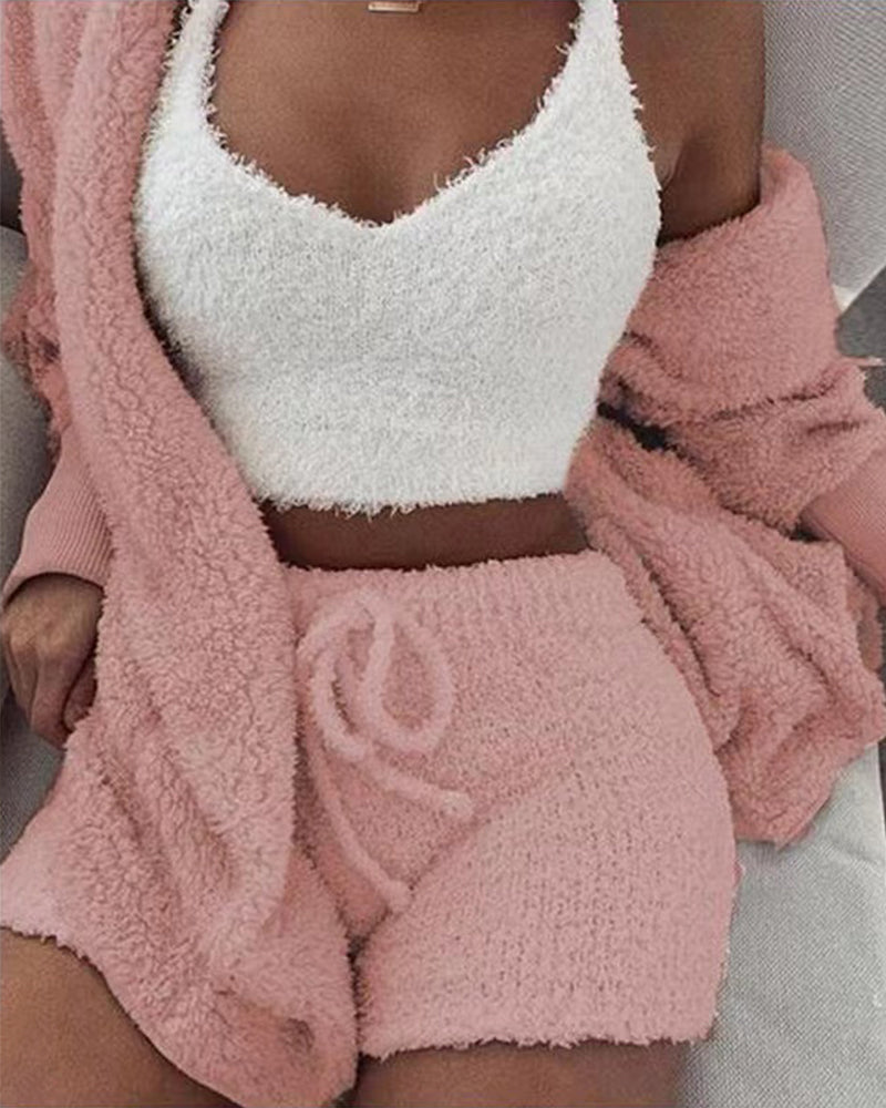 Women’s 3-Piece Sherpa Fleece Loungewear Set – Long Sleeve Top, Shorts & Pants