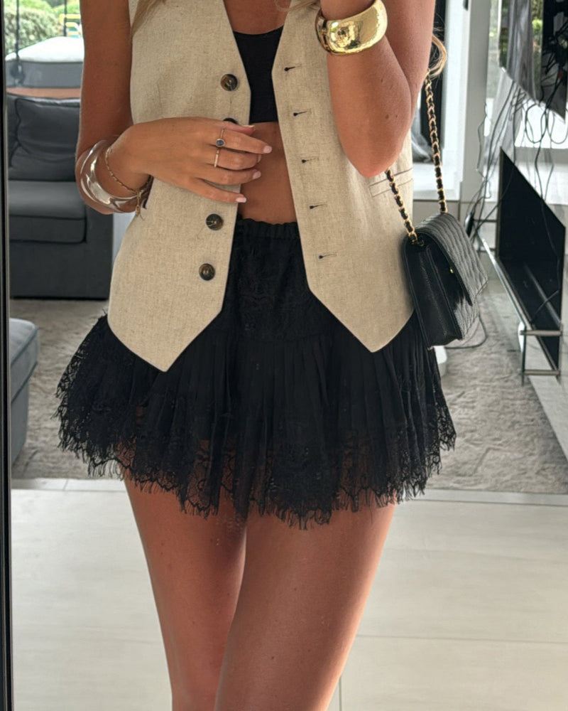 Women's Lace Pleated Mini Skirt – Casual Elegant A-Line Low Waist Skirt
