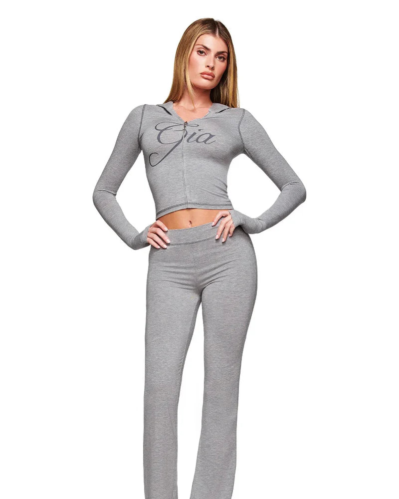 Women’s 2-Piece Activewear Set – Cropped Zip Running Jacket & Flared Stretch Pants, Lightweight Yoga Outfit