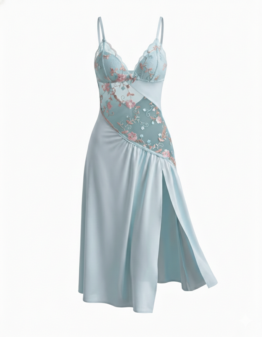 Sexy Sheer Mesh Nightgown – Floral Embroidery Babydoll