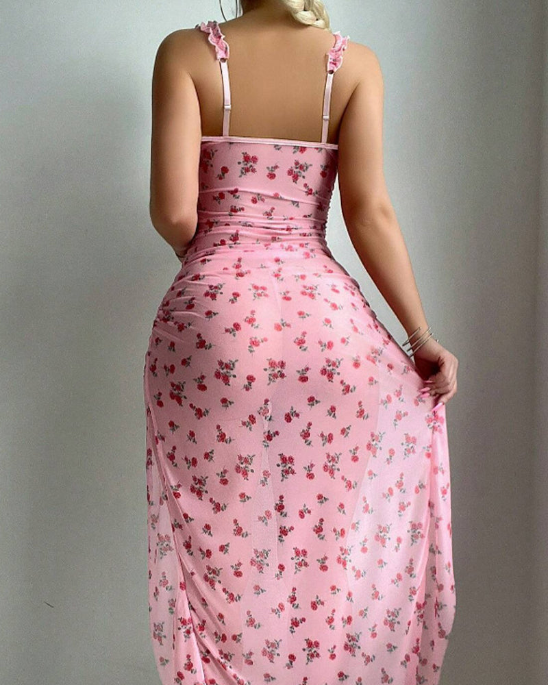 Printed Open-Back Nightdress with High Slit & Bust Support