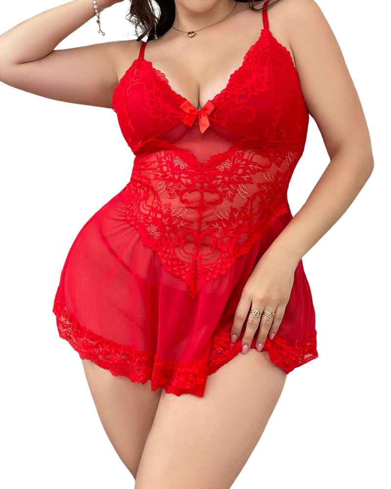 Sexy Plus Size Sheer Lace Chemise Nightwear with Matching Thong