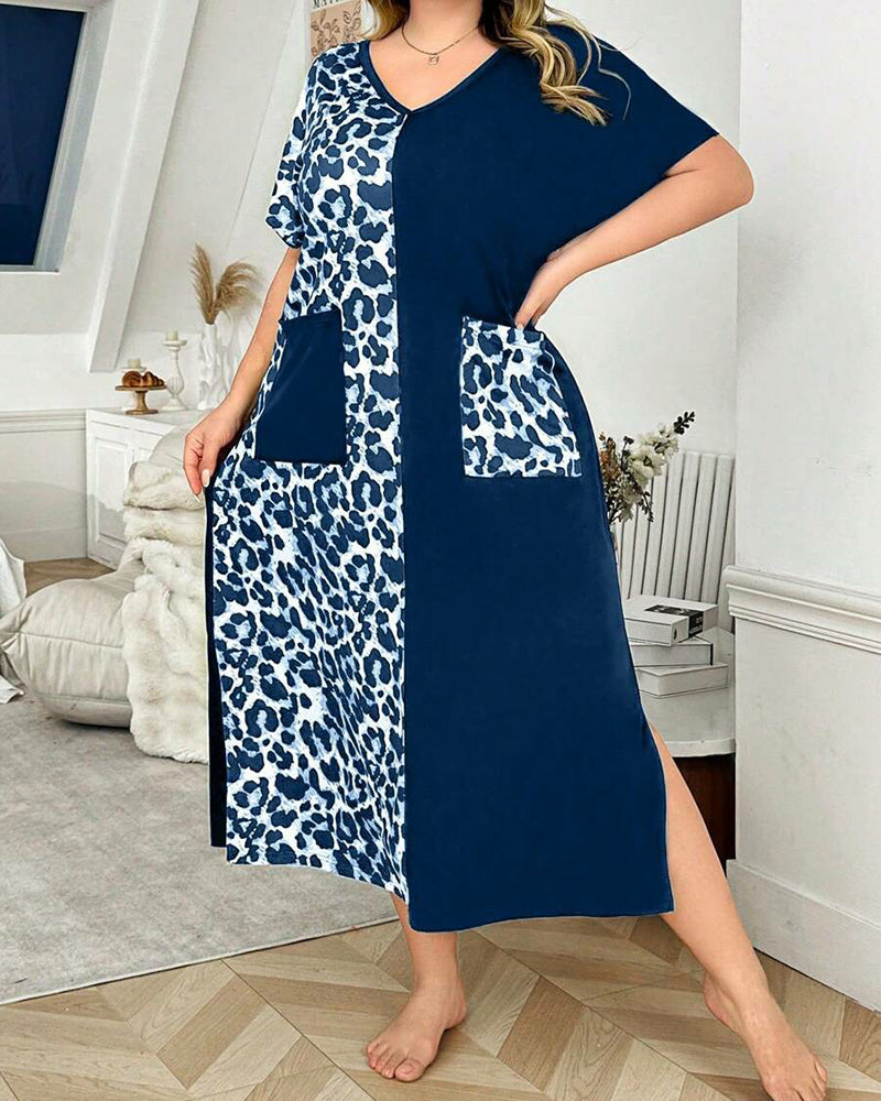 Plus Size Leopard Print V-Neck Short Sleeve Maxi Dress