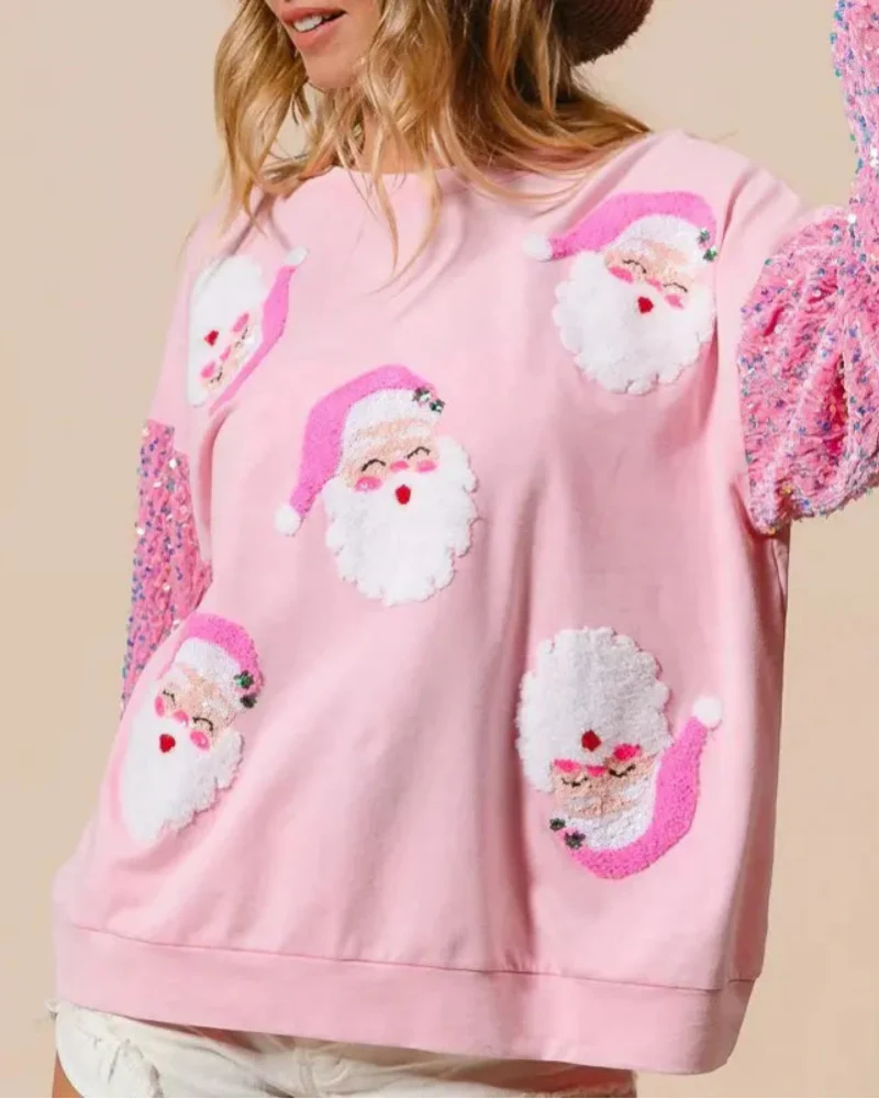 Women's Santa Claus Sequin Sleeve Sweatshirt – Festive Long Sleeve Crew Neck Top