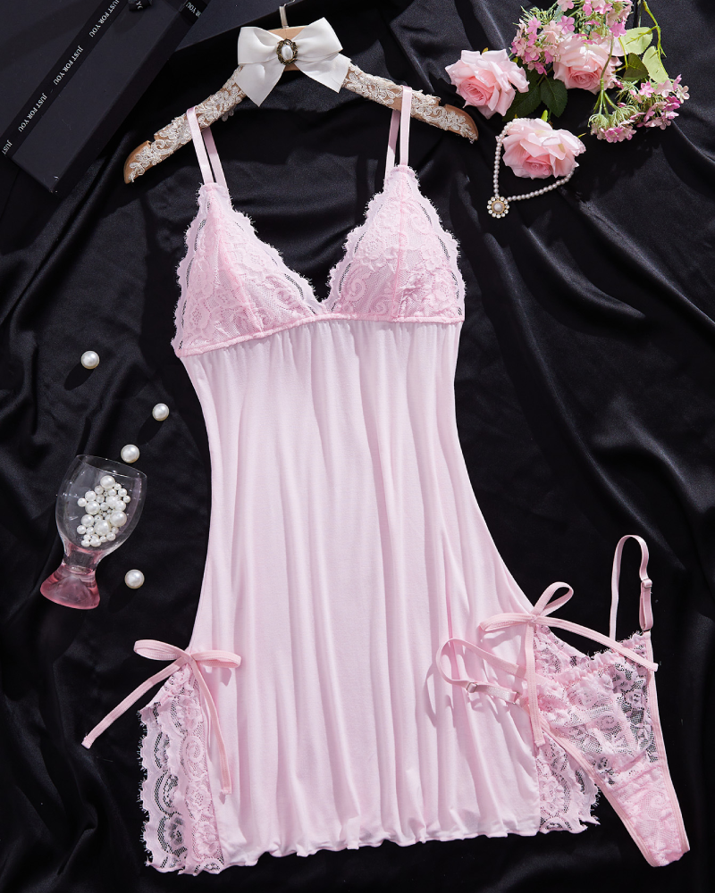 Bow Lace Contrast Cami Nightdress & Thong Set