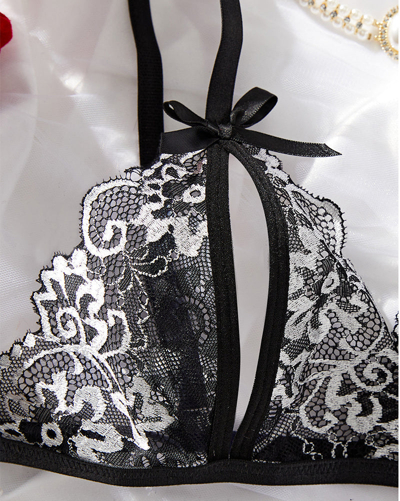Sexy 2-Piece Lace Lingerie Set – Sheer Floral Design with Bows