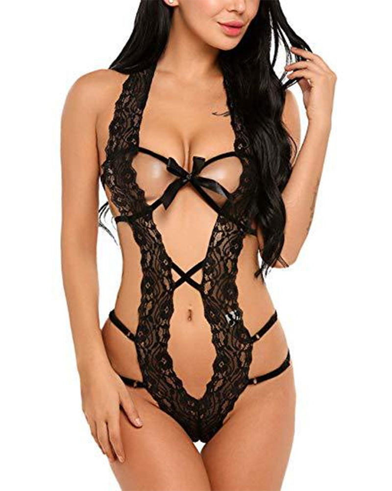 Sexy Lace Deep V Halter One-Piece Bodysuit