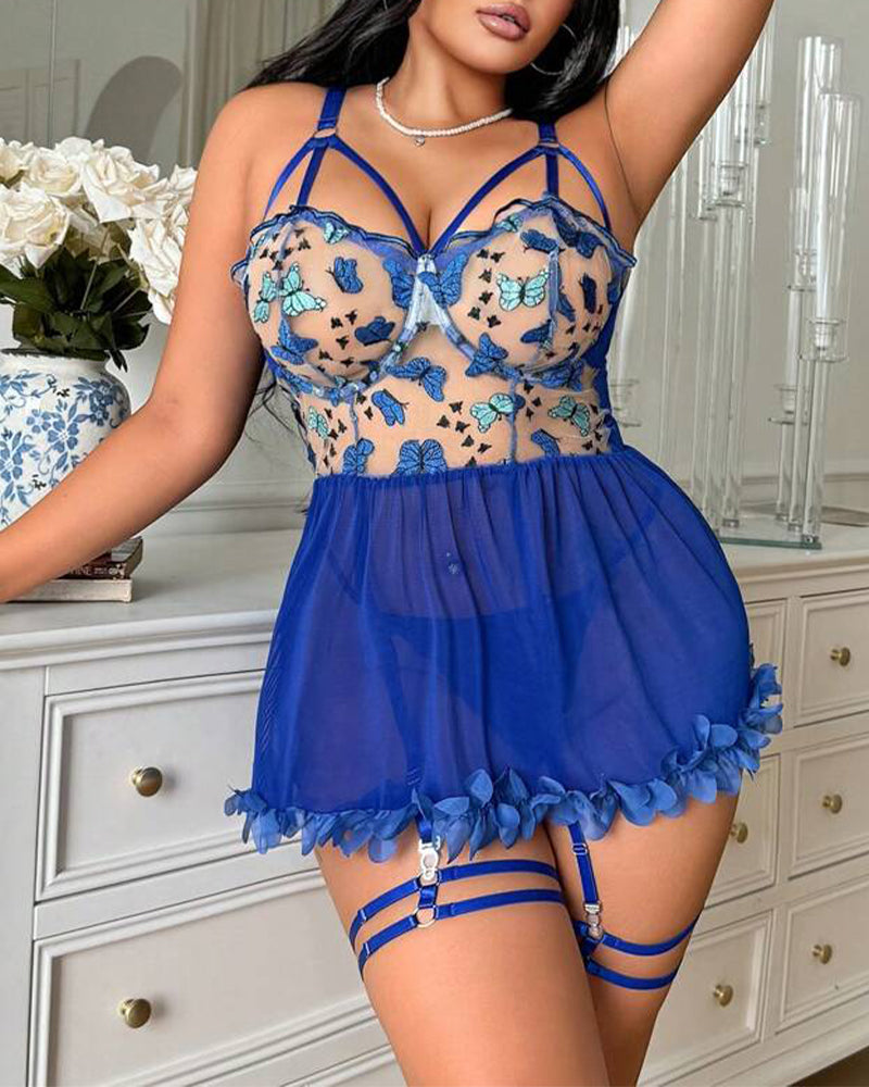 Plus Size Seductive Mesh Babydoll Lingerie Set with Butterfly Embroidery