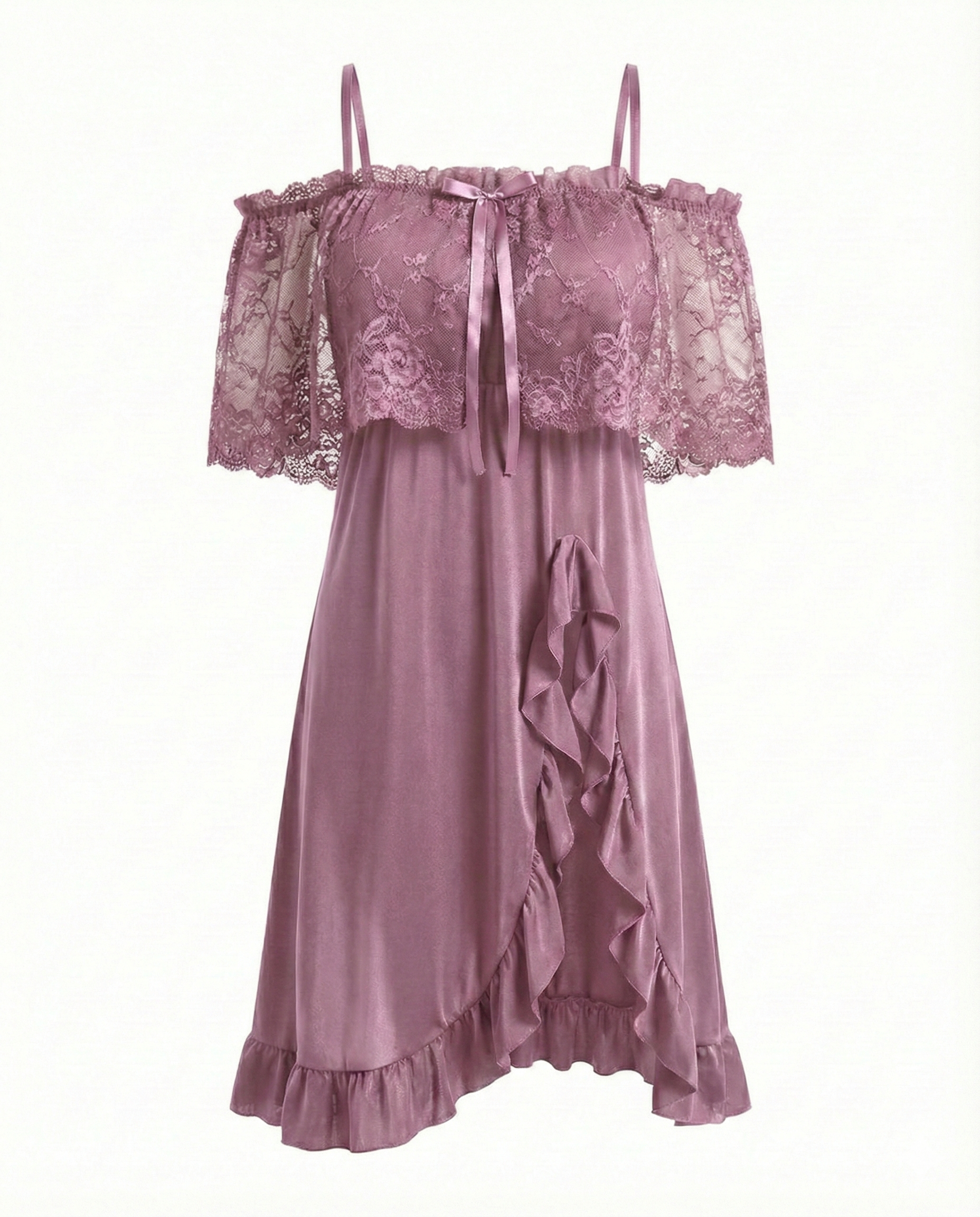 Sexy Plus Size Sheer Lace Off-Shoulder Long Nightdress with Panty