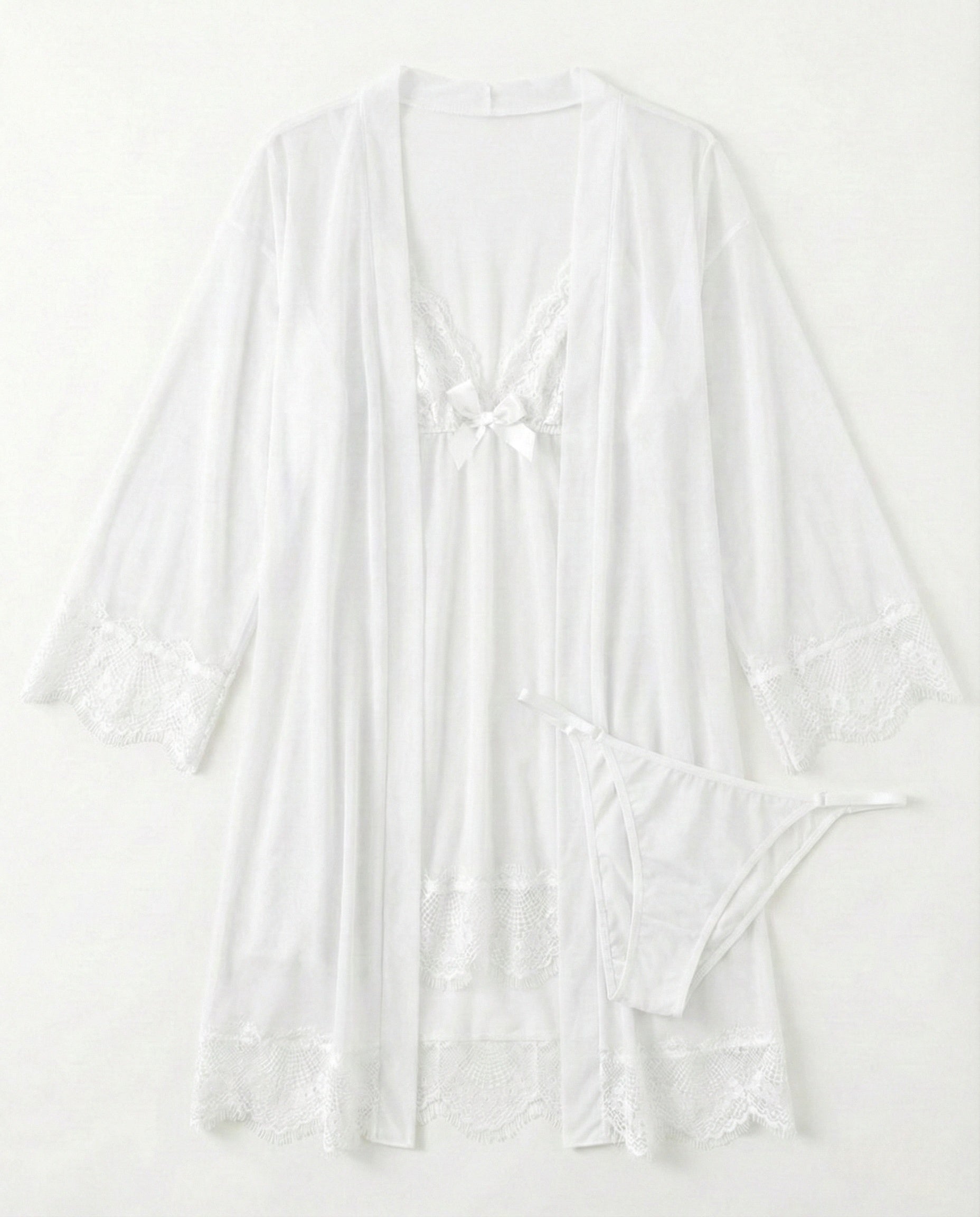 Sexy 3-Piece Lingerie Set for Women – Mesh Kimono Robe & Lace Babydoll Dress