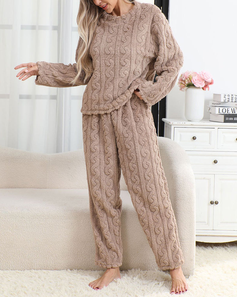 Cozy Coral Fleece Jacquard Loungewear Set