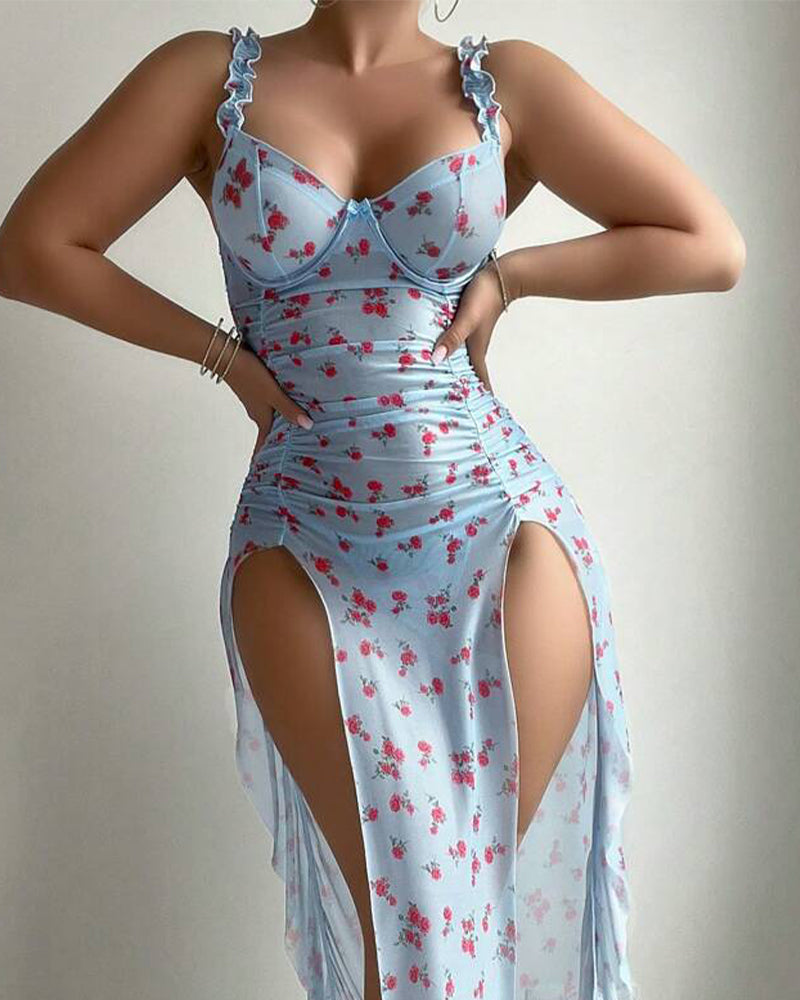 Printed Open-Back Nightdress with High Slit & Bust Support
