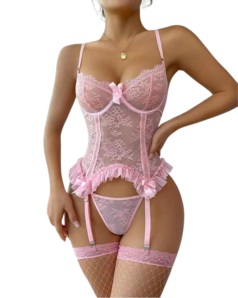 Sexy Floral Lace Lingerie Set – Sheer Deep V Bodysuit