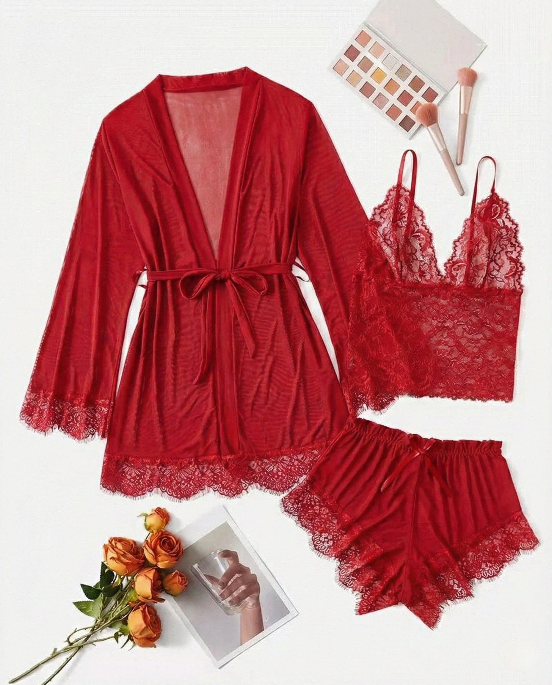 3-Piece Lace Sleepwear Set for Women – Cami, Shorts & Robe
