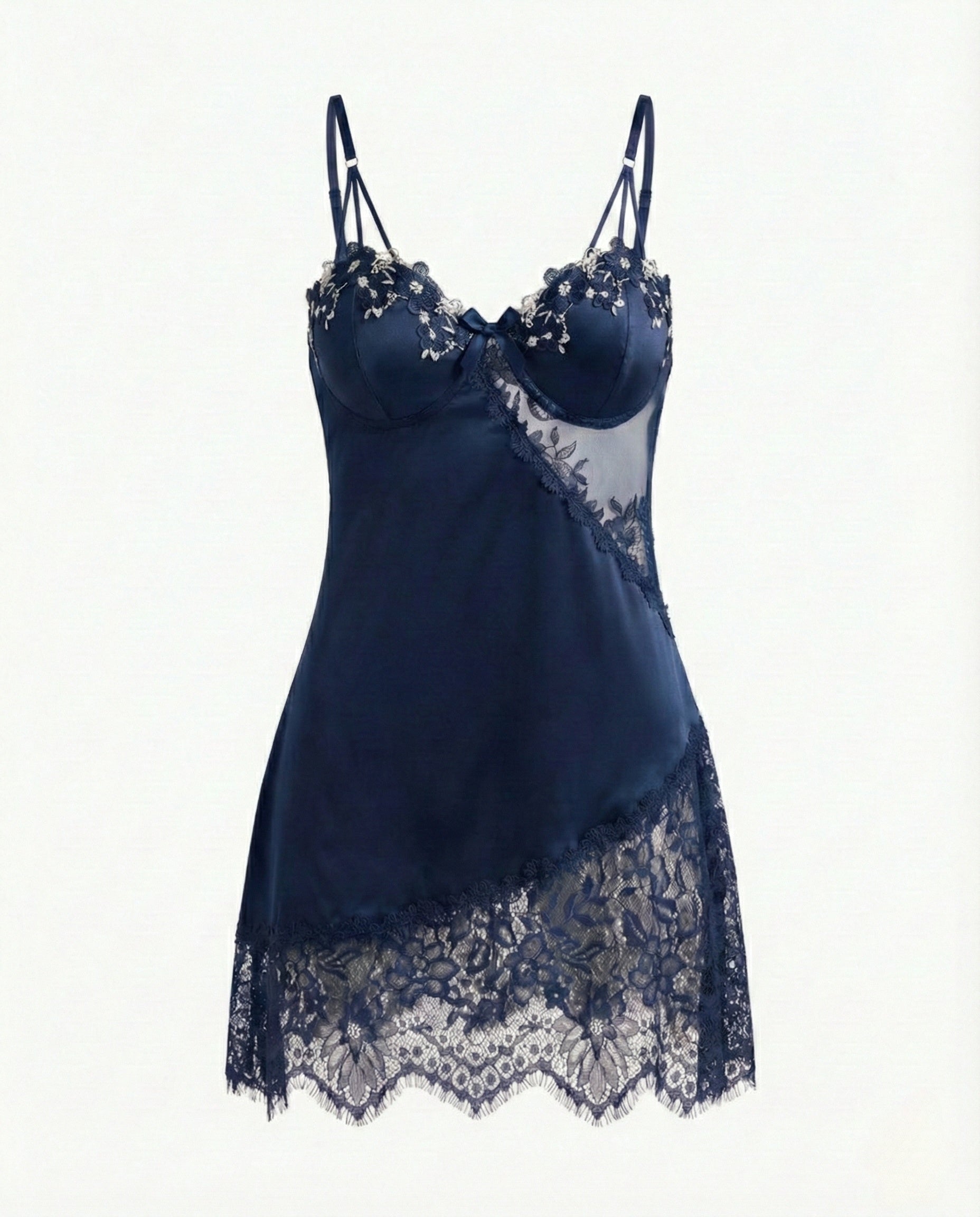 Plus Size Faux Silk Camisole Nightgown with Contrast Floral Lace
