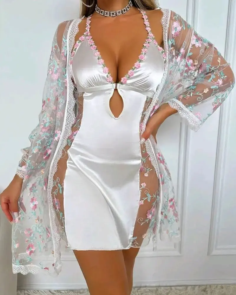 Floral Embroidery V-Neck Halter Backless Slim Fit Nightgown Sheer Mesh Cutout Sexy Babydolls