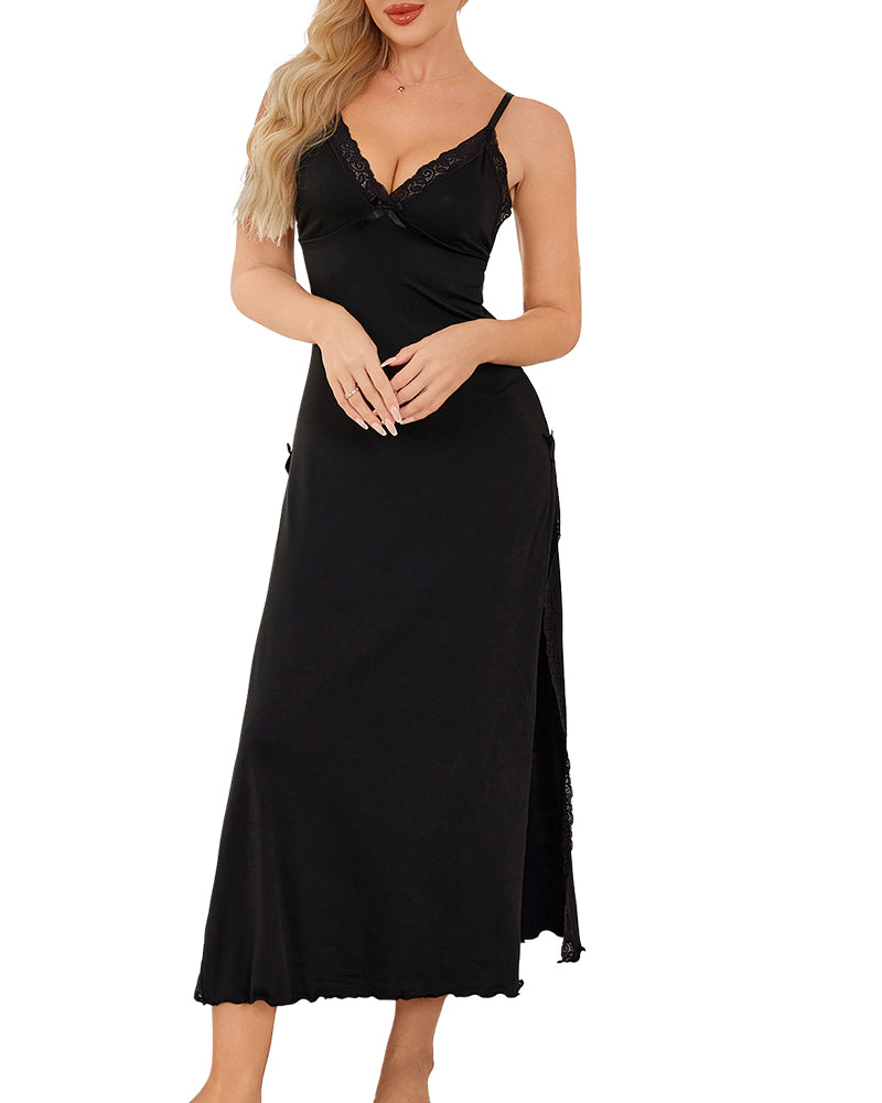 Sexy Cami Nightdress – Contrast Lace, Backless & Thigh Split