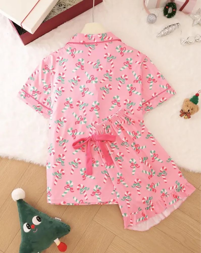 Candy Cane Print Button Pajama Set