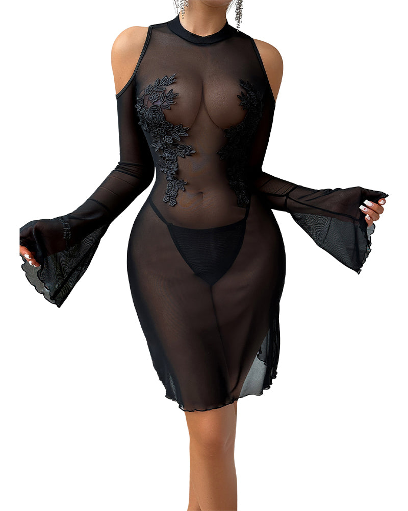 Mesh Embroidered Long Sleeves Mini Dress
