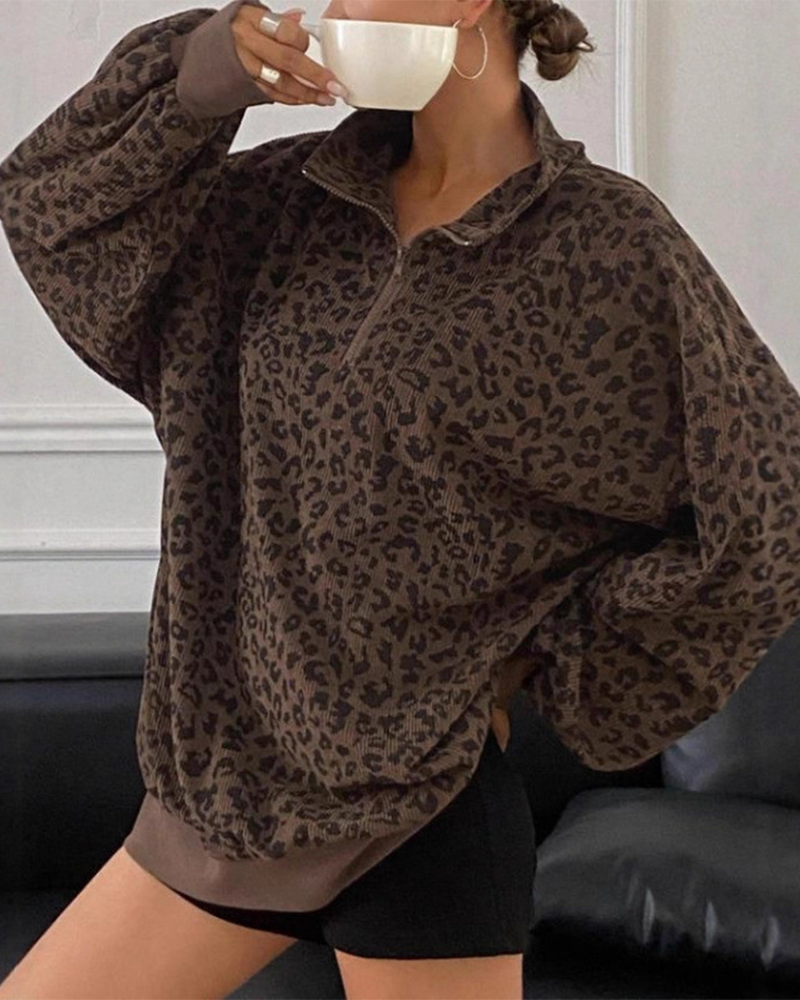Women’s Casual Zip-Up Leopard Print Long Sleeve Sweatshirt for Fall