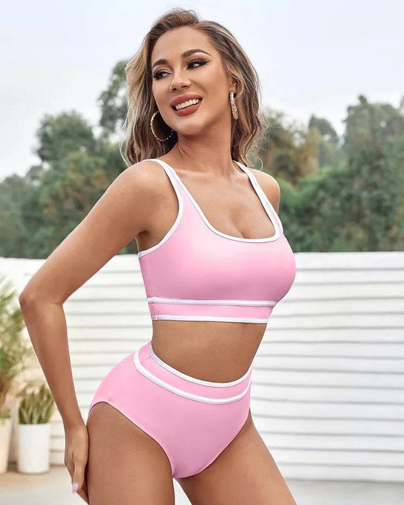 Sporty Color Block High Waist Bikini Set