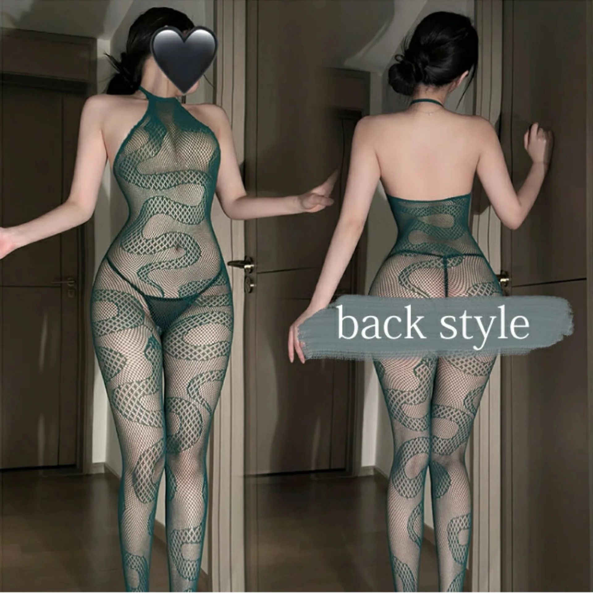Snake Pattern Fishnet Bodystocking – Sheer Halter One-Piece Erotic Lingerie