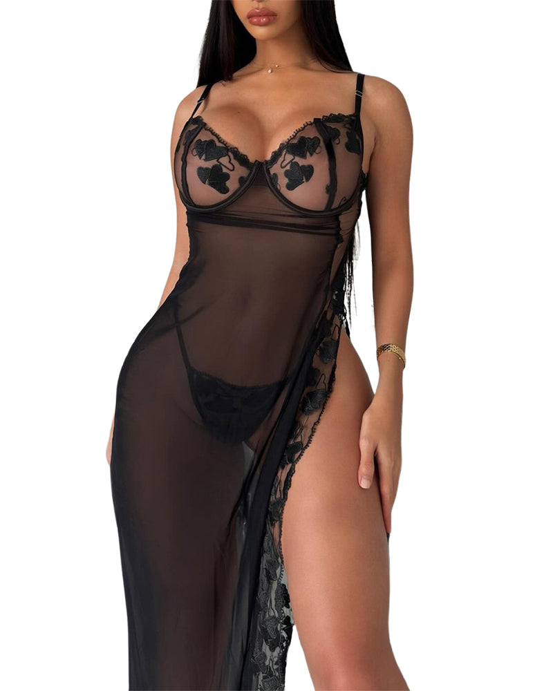 Sexy Mesh Two-Piece Lingerie Set – Sheer Comfortable Homewear Dress for Women
