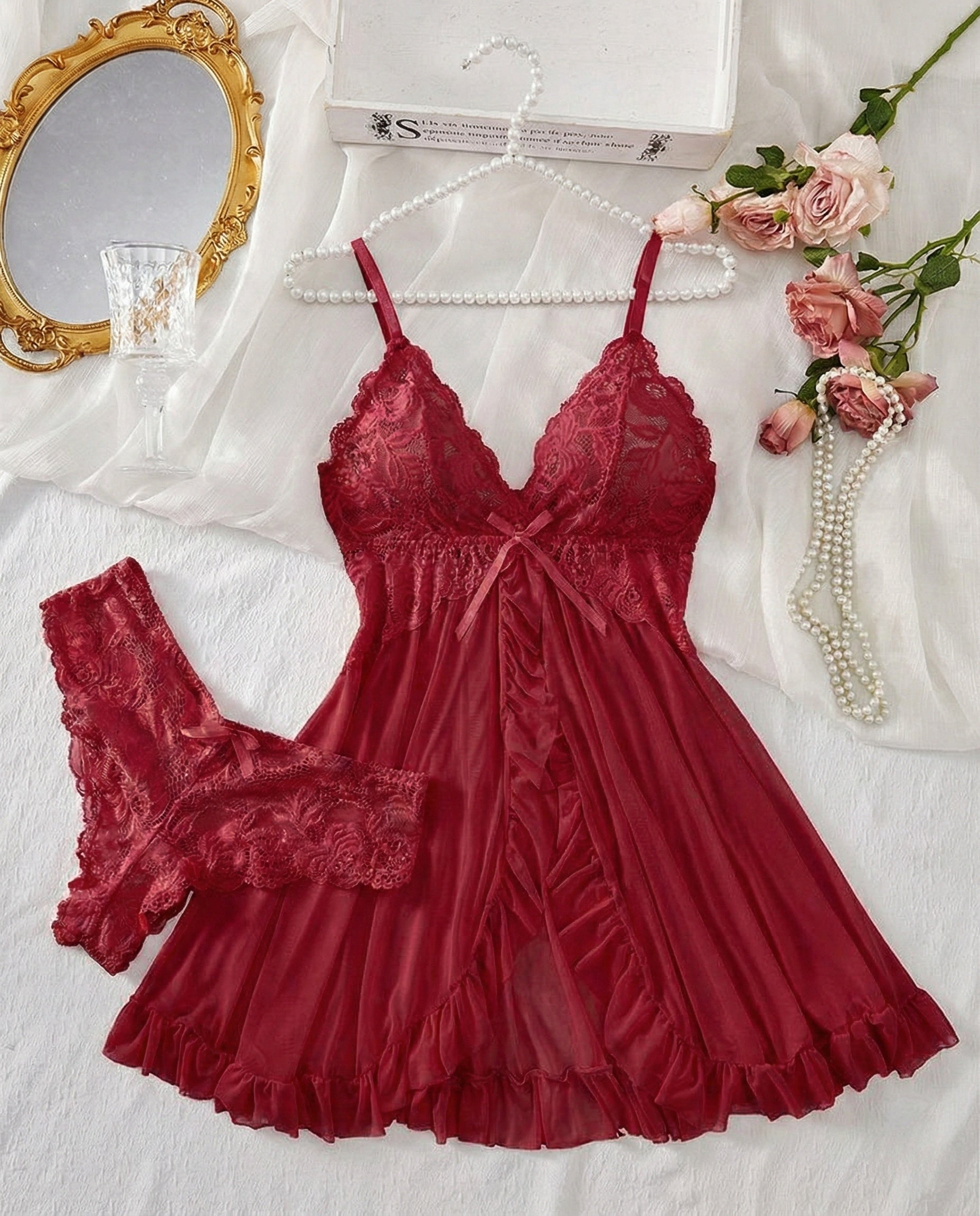 Sexy Lingerie V-Neck Lace Ruffle Trim Cami Nightdress & Panty Set Babydoll