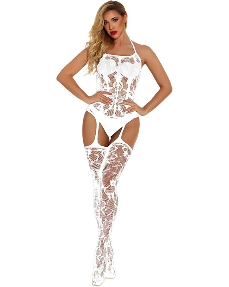 Plus Size Lace Halter Fishnet Bodysuit – Stretchy Floral One-Piece with Open Crotch