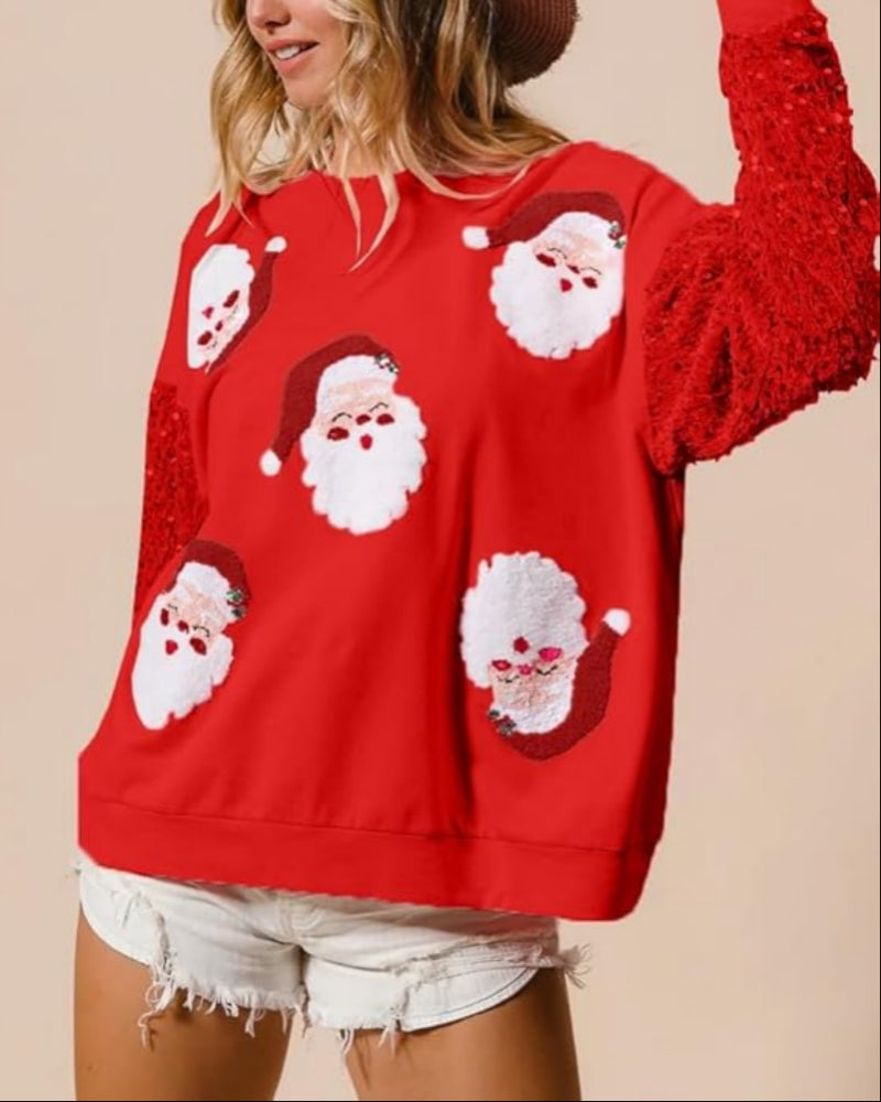 Women's Santa Claus Sequin Sleeve Sweatshirt – Festive Long Sleeve Crew Neck Top