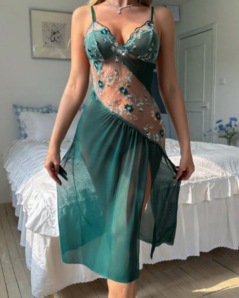 Sexy Sheer Mesh Nightgown – Floral Embroidery Babydoll